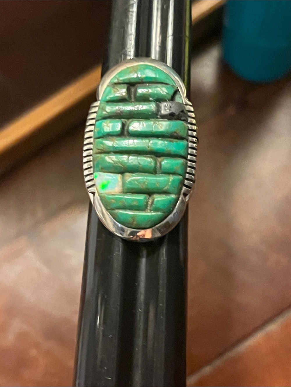 Turquoise Inlay Sterling-Style Oval Ring Sterling Marked Size 9.5